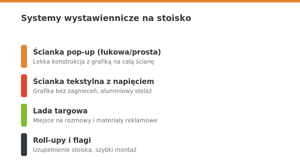 Systemy wystawiennicze: ścianka pop-up, ścianka tekstylna, lada targowa, roll-upy